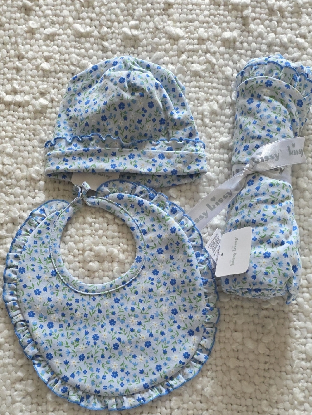 Kissy Kissy Blue & White Floral Ruffled Bib and Hat Set for girls